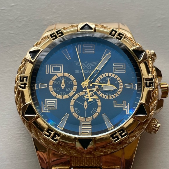 ZHOWE Men’s Gold Tone Quartz Watch Blue Dial Sport Luxury Style - Picture 4 of 6